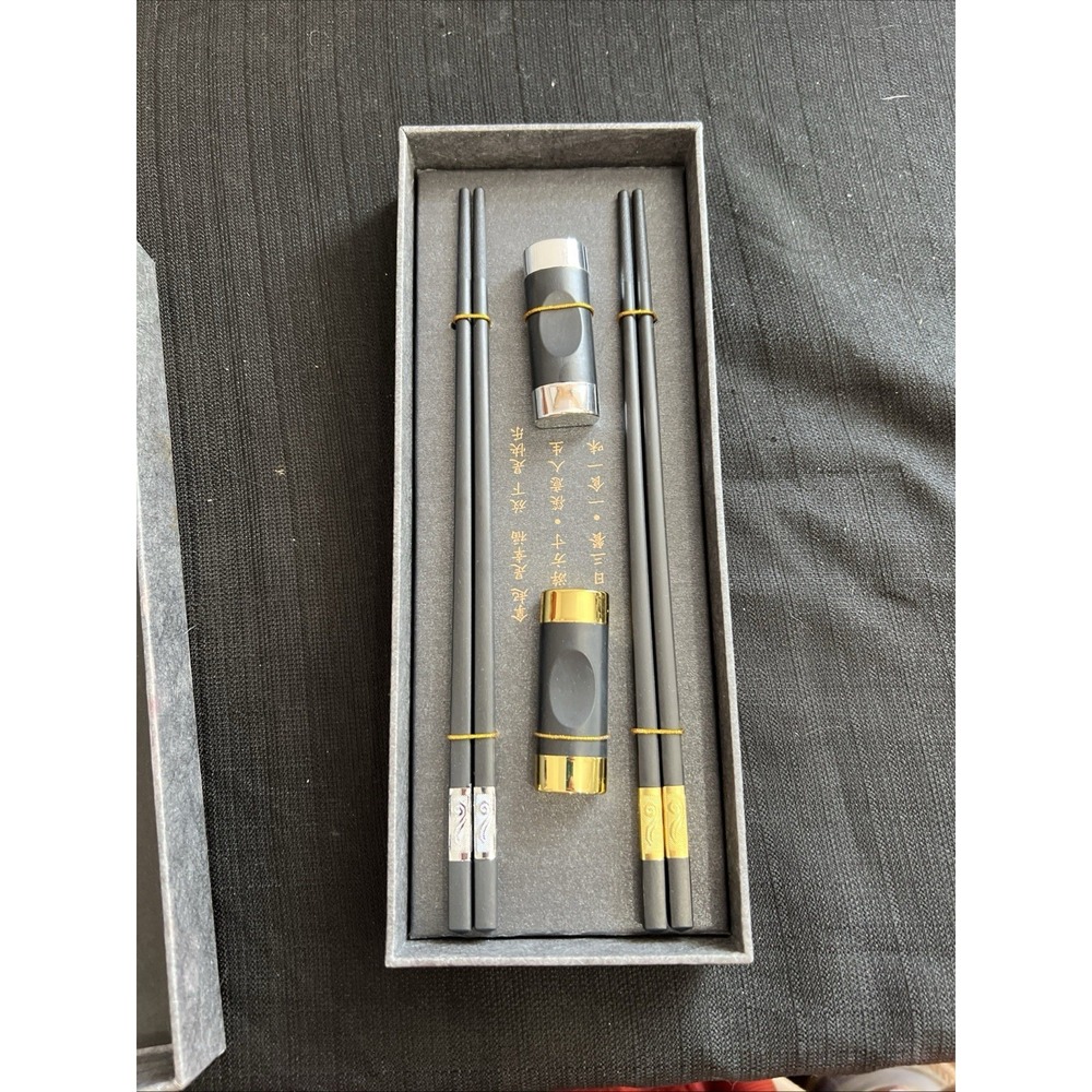 Black Wood Chopsticks Set 2 Pairs Gold‎ Silver Scroll Design with Rests Gift Box